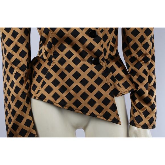 Richard Warren Pure Silk Vintage Peplum Blazer Beige Black Diamond Grid Size 4 - Picture 14 of 15